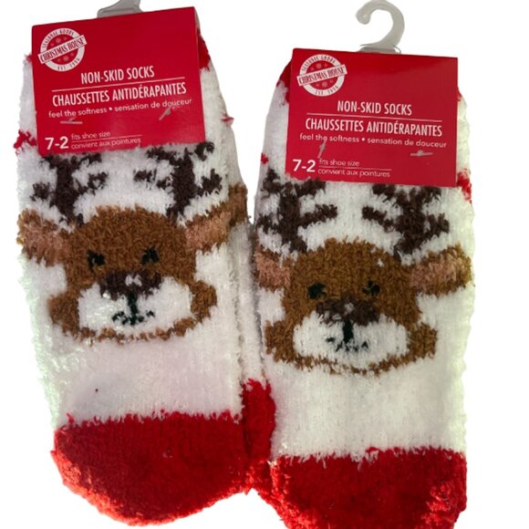 Set of 2 Pairs Fuzzy Cozy Reindeer Grip Socks Christmas Gifts! Kids 7-2 - Picture 1 of 3